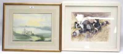 Two contemporary watercolours depicting animals. One featuring two ducks, 35.5cm x 25.