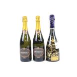 A bottle of Duval-Leroy Champagne and two bottles of Prosecco.