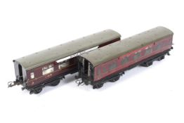 Two Hornby O gauge No 2 coaches. Both lithographed in LMS livery, comprising a 1st/3rd composite no.