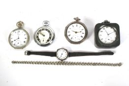 Four pocket watches and one wristwatch.