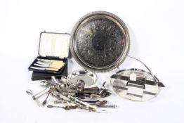 Assorted silver plate and white metal. Including a circular tray 35.