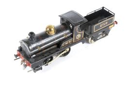 A Hornby O gauge clockwork tinplate locomotive and tender. 0-4-0, LMS livery, no.
