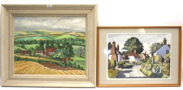 Two contemporary paintings depicting rural village scenes.
