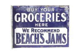 A vintage enamel double sided advertising sign for Beach's Jams.
