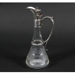 A German .800 standard silver mounted clear-glass tapering claret jug and hinged stopper.