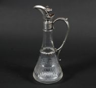 A German .800 standard silver mounted clear-glass tapering claret jug and hinged stopper.