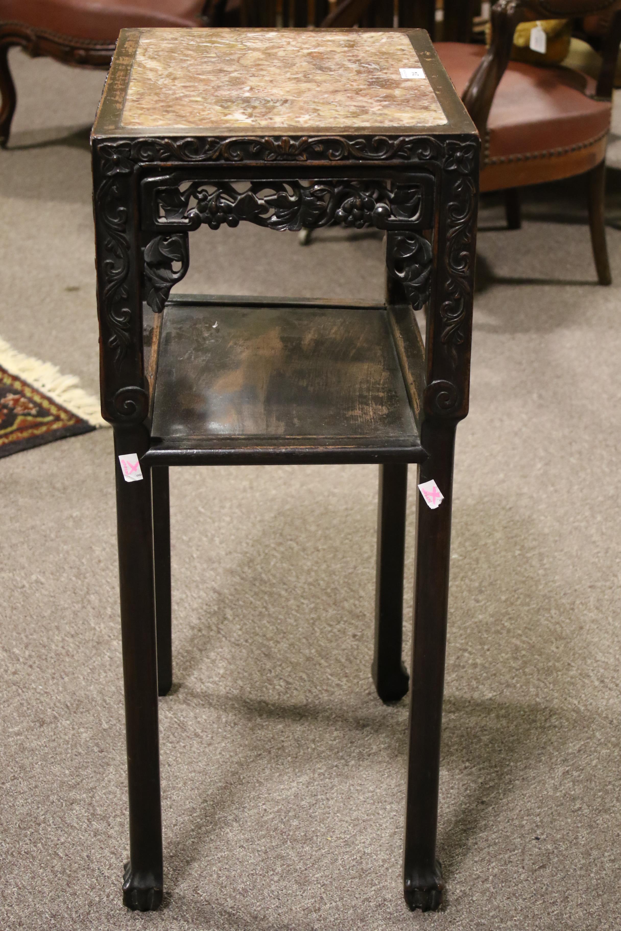 A 19th century Chinese hardwood Rouge marble topped two tiered side table, - Image 6 of 12