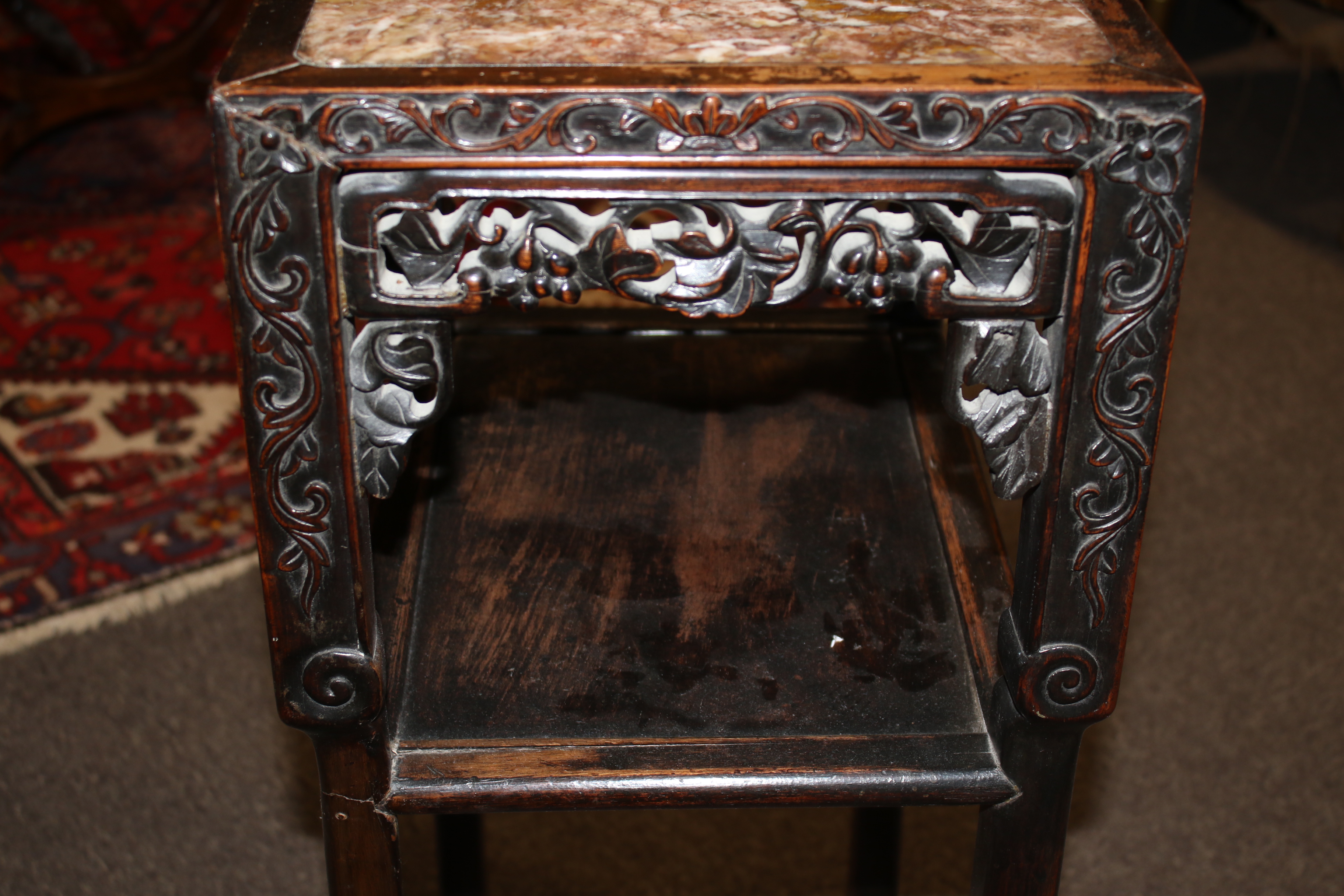 A 19th century Chinese hardwood Rouge marble topped two tiered side table, - Image 10 of 12