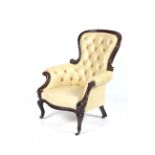 A Victorian Mahogany Library / Armchair with cream leather button back upholstery and brass stud