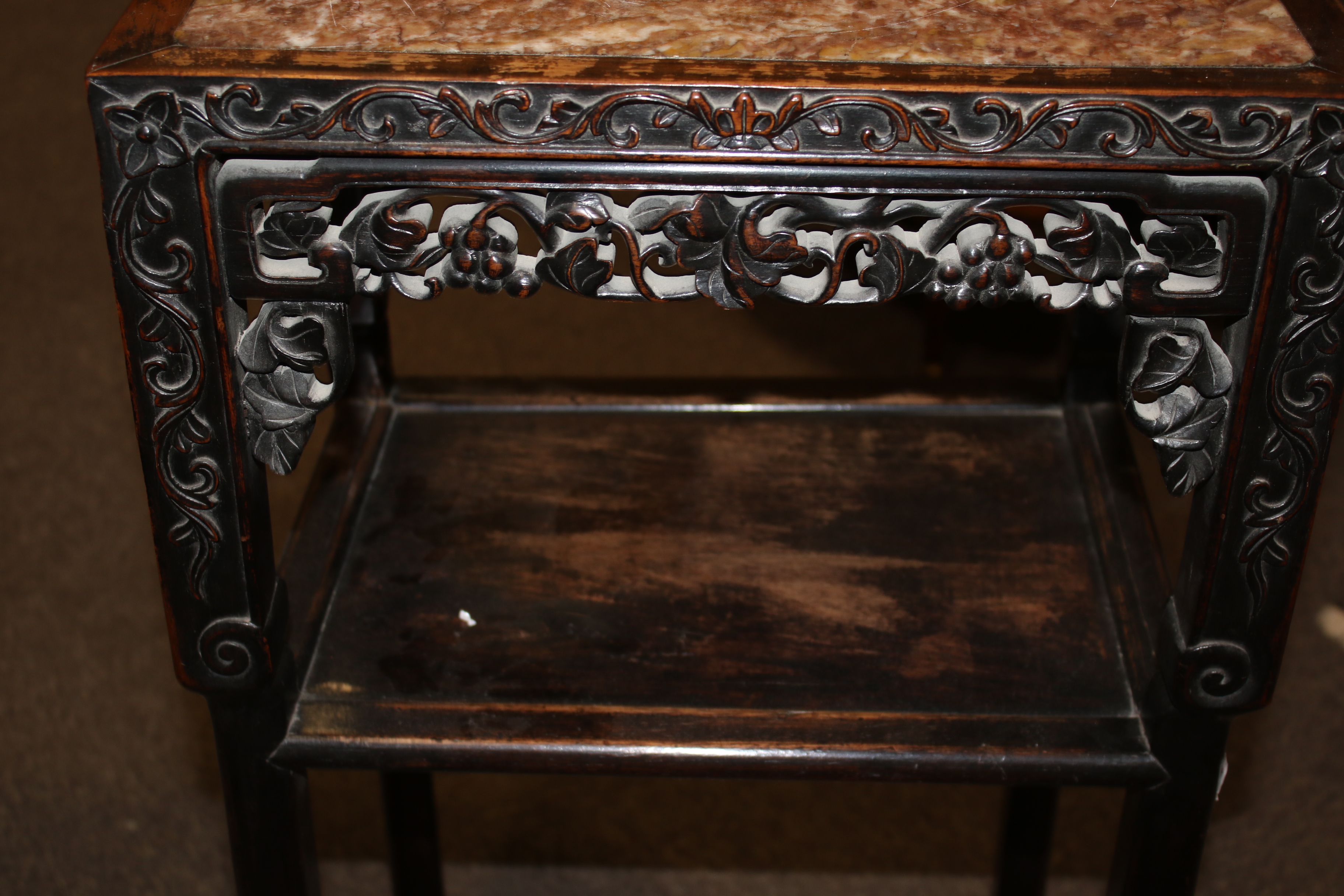 A 19th century Chinese hardwood Rouge marble topped two tiered side table, - Image 11 of 12
