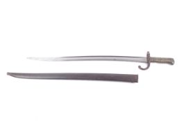 A 19th Chassepot Bayonet: probably French model 1866 complete with scabbard and ribbed brass handle,