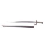 A 19th Chassepot Bayonet: probably French model 1866 complete with scabbard and ribbed brass handle,