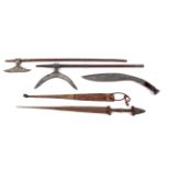 Ethnographic Native Tribal to include a treibal axe with shaped blade, , a smaller axe ,