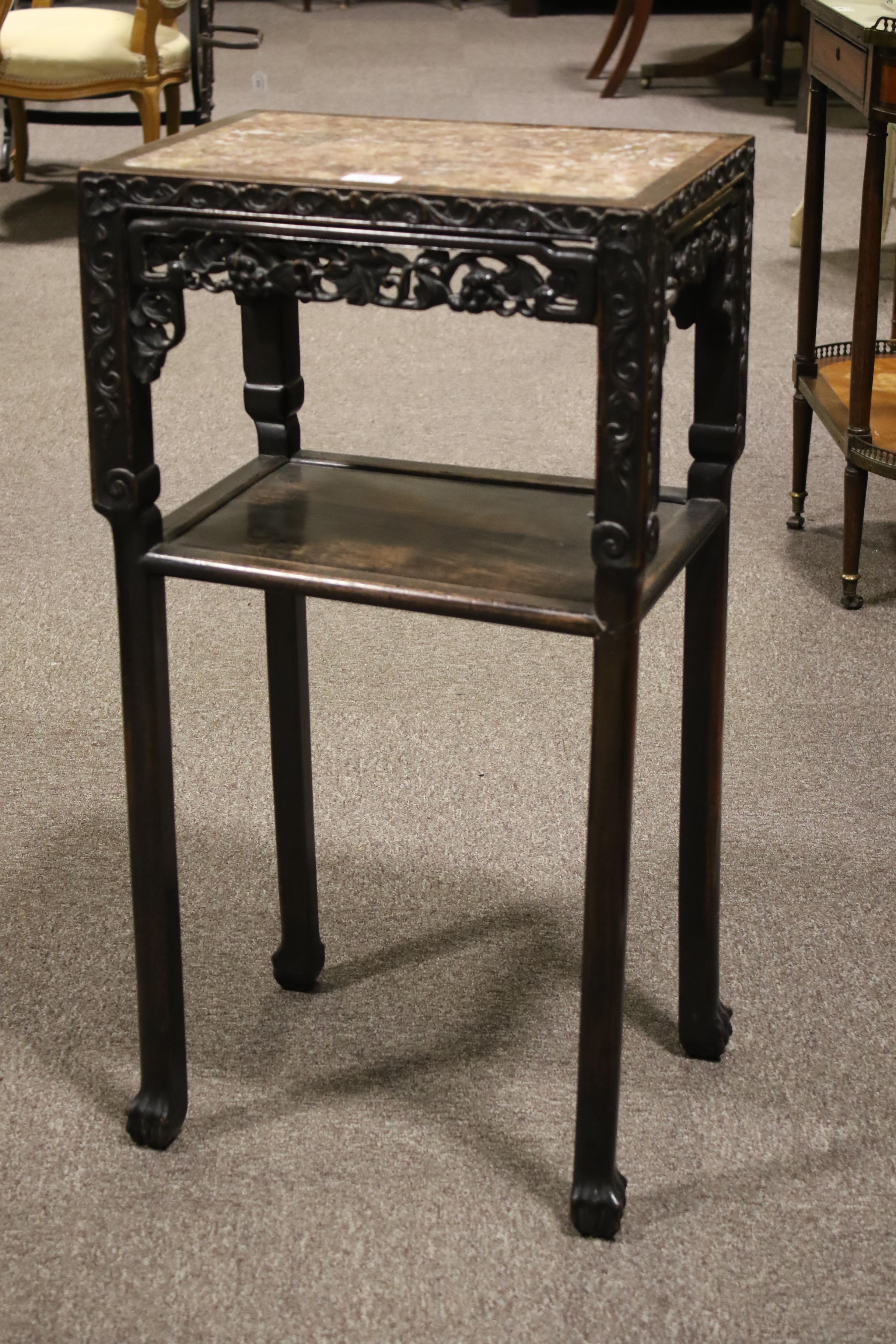 A 19th century Chinese hardwood Rouge marble topped two tiered side table, - Image 3 of 12