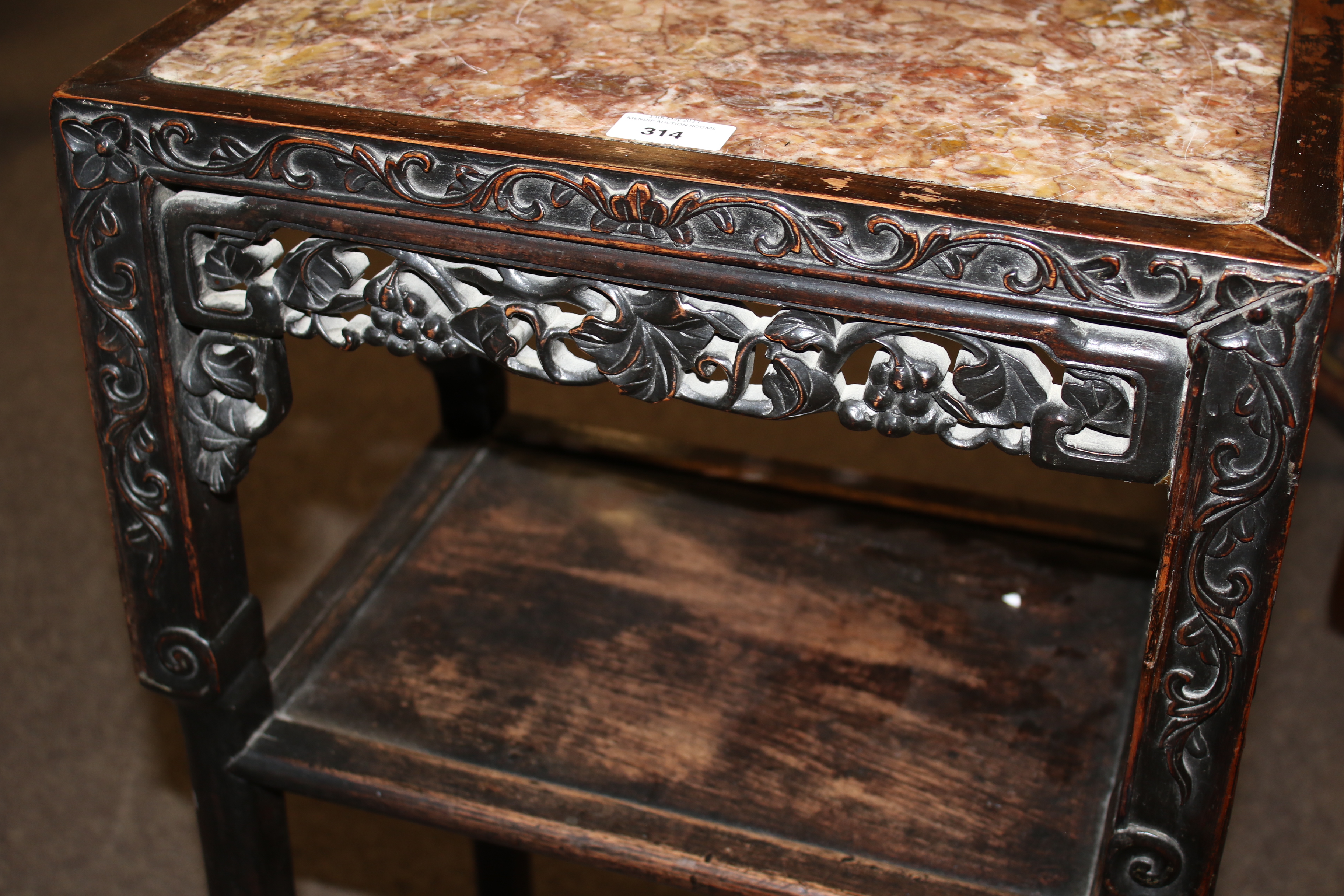 A 19th century Chinese hardwood Rouge marble topped two tiered side table, - Image 9 of 12