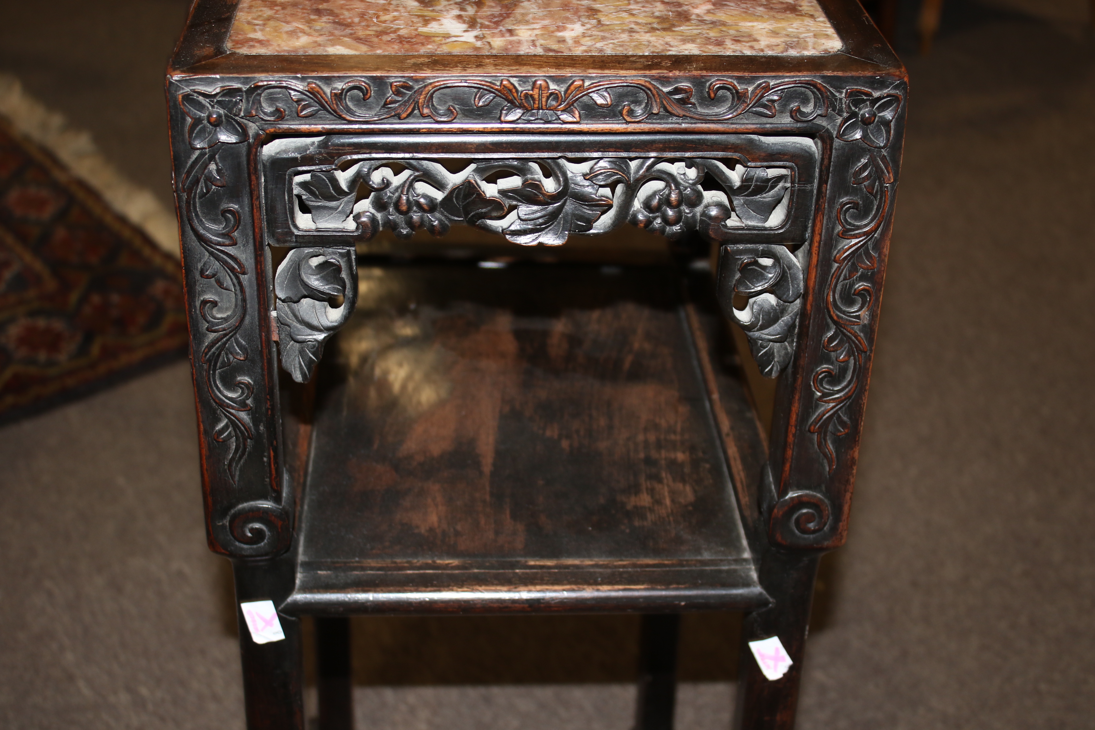 A 19th century Chinese hardwood Rouge marble topped two tiered side table, - Image 12 of 12