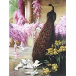 A 20th-21st century Oil on canvas Peacock and Doves in a blossoming classical parterre Bears