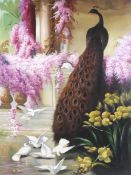 A 20th-21st century Oil on canvas Peacock and Doves in a blossoming classical parterre Bears