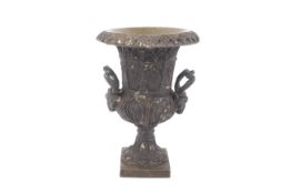 A circa 1900 cast bronze Warwick style vase with Rams head under loop handles,