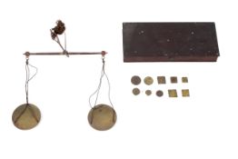 A set of coin balance scales including Royal Mint 'Cur Weight Sovereign' dated 1821 in a mahogany