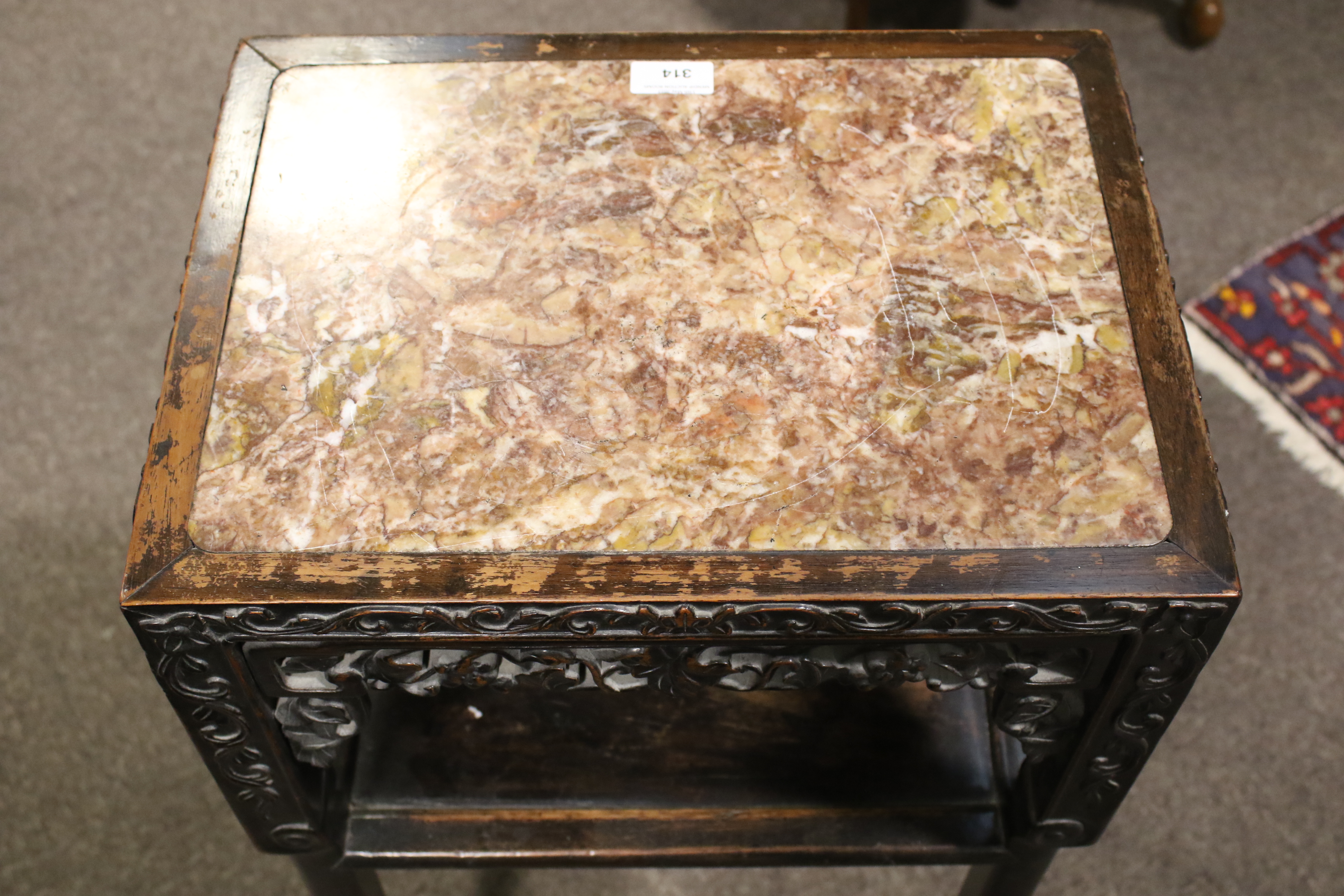A 19th century Chinese hardwood Rouge marble topped two tiered side table, - Image 7 of 12