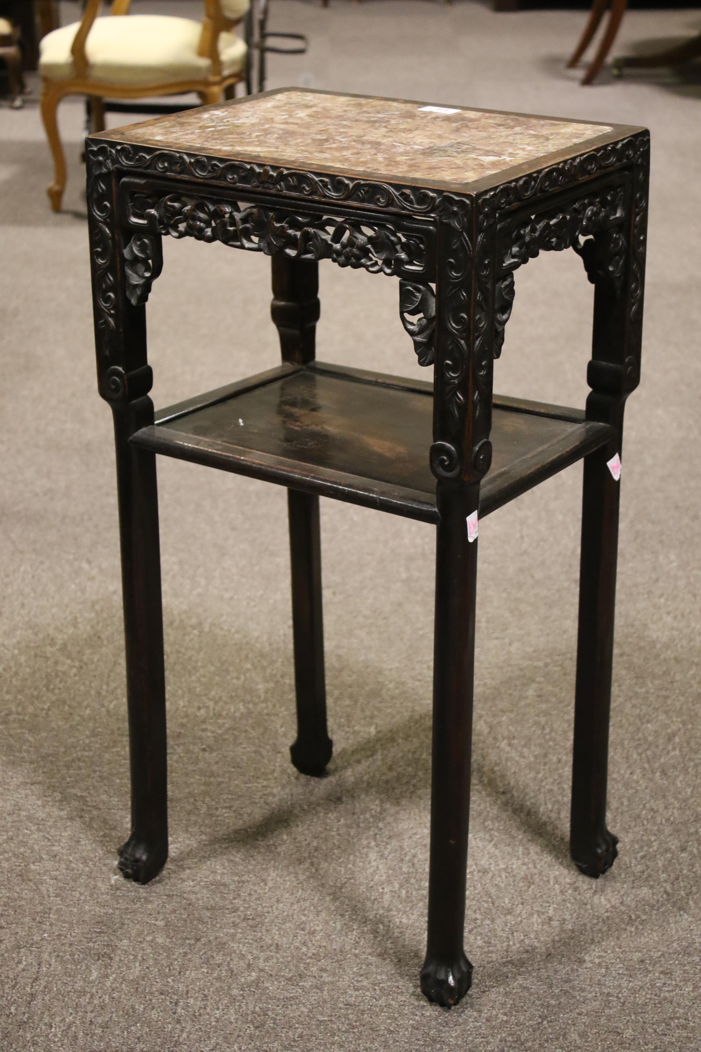 A 19th century Chinese hardwood Rouge marble topped two tiered side table, - Image 5 of 12