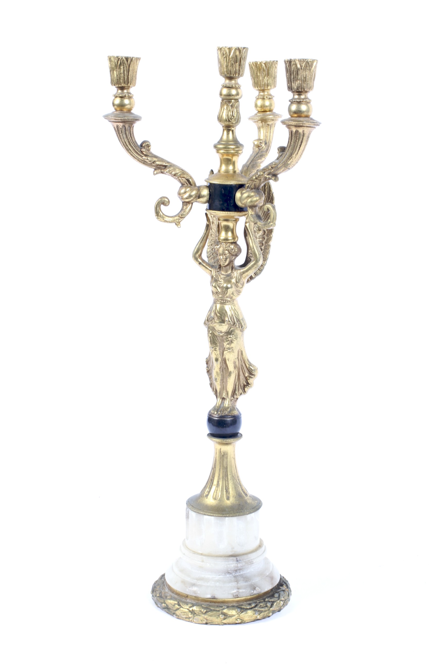 An early 20th century Empire style gilt-metal mounted four-light candelabra.