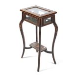 19th century marquetry inlaid display table with hinged glass cover