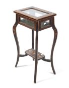 19th century marquetry inlaid display table with hinged glass cover