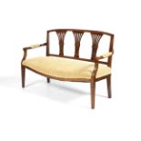 An Edwardian style Oak 3 seat sofa bench with ribbed pale yellow sprung seat,