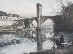 Manuel Robbe (1872-1936), Pont d'Orthez, Aquatint, etching, signed, with blindstamp, labelled verso,