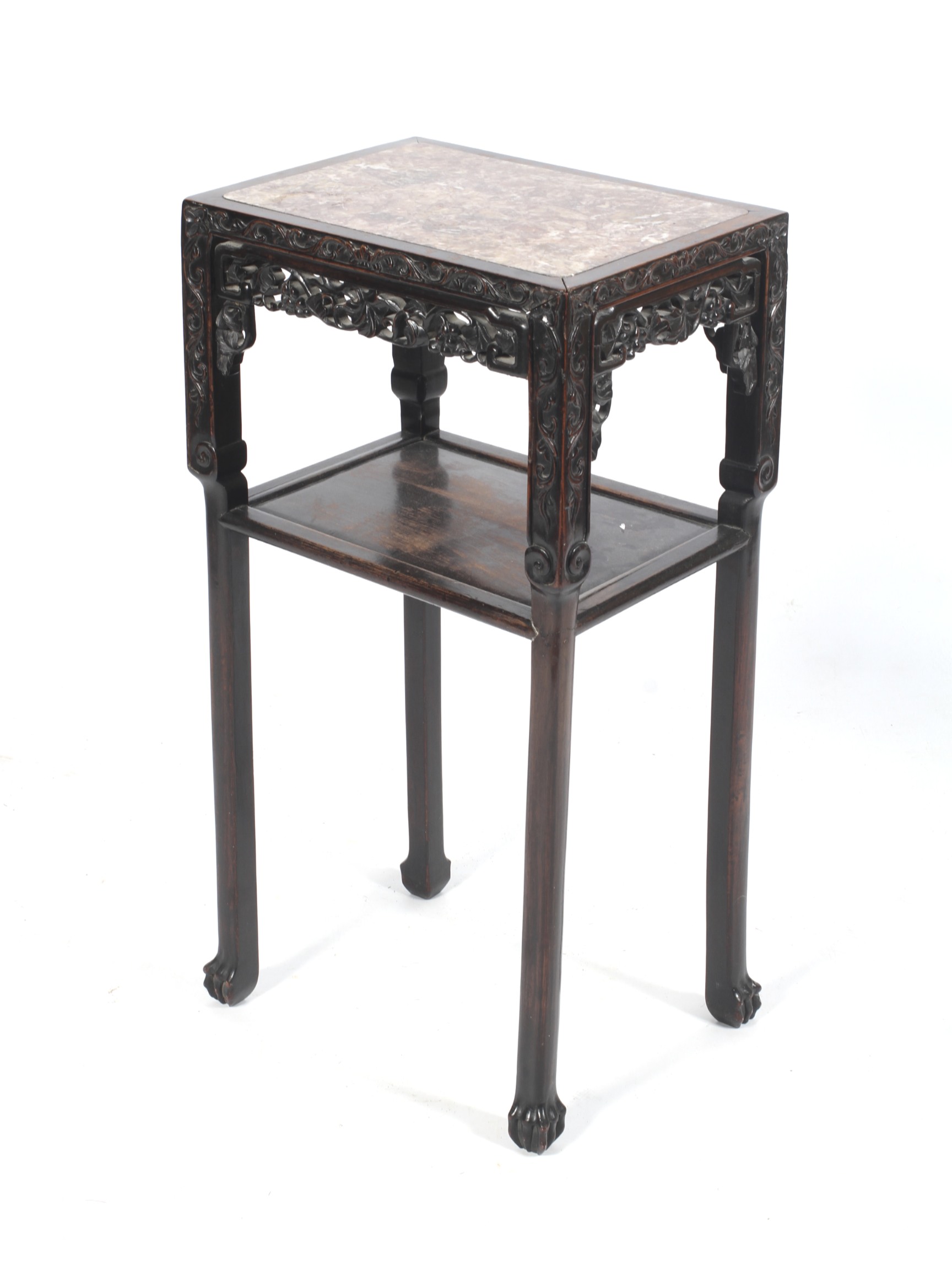 A 19th century Chinese hardwood Rouge marble topped two tiered side table,
