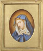 A framed late 19th century oval portrait miniature of the Virgin Mary, watercolour on ivory. 8.