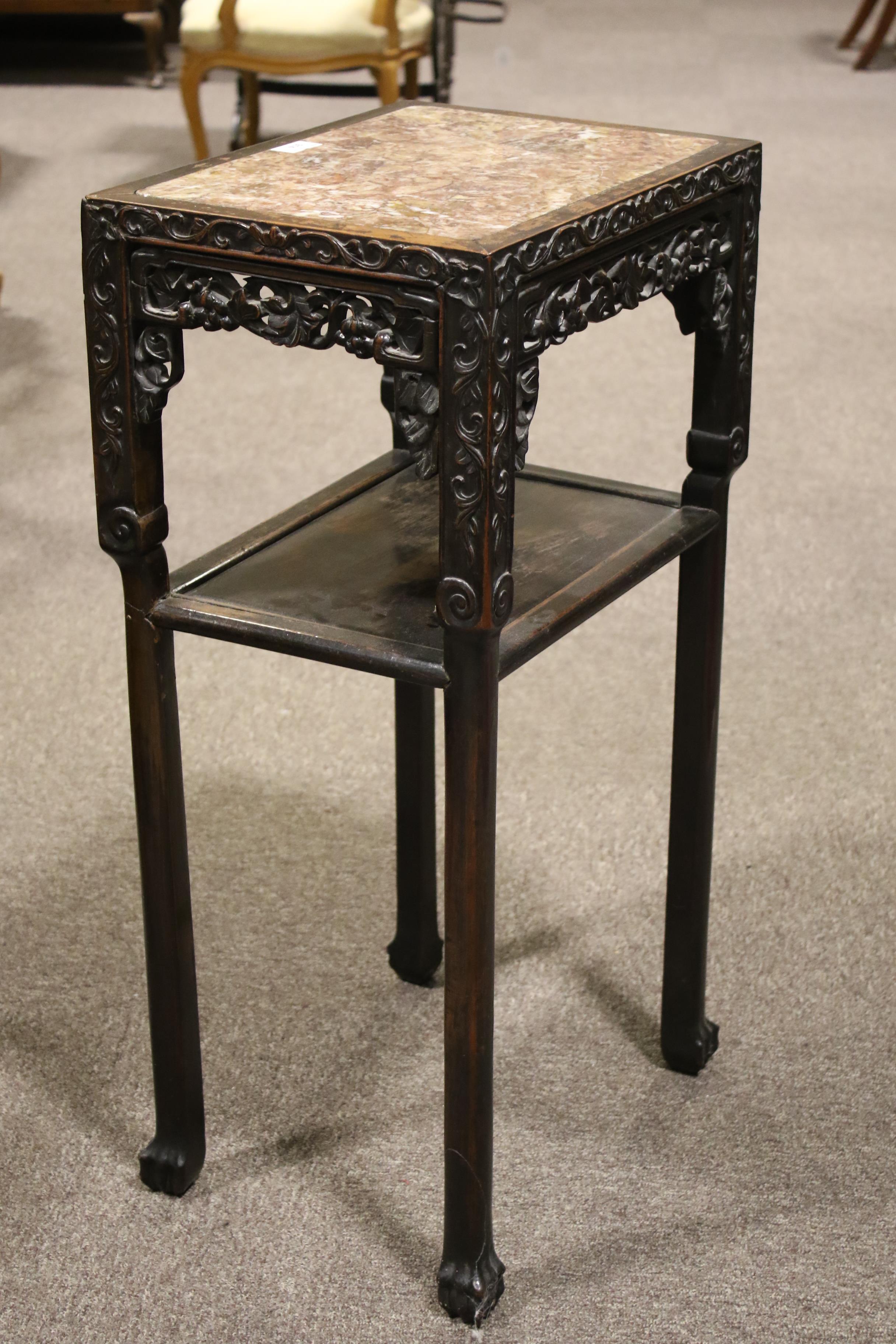 A 19th century Chinese hardwood Rouge marble topped two tiered side table, - Image 4 of 12