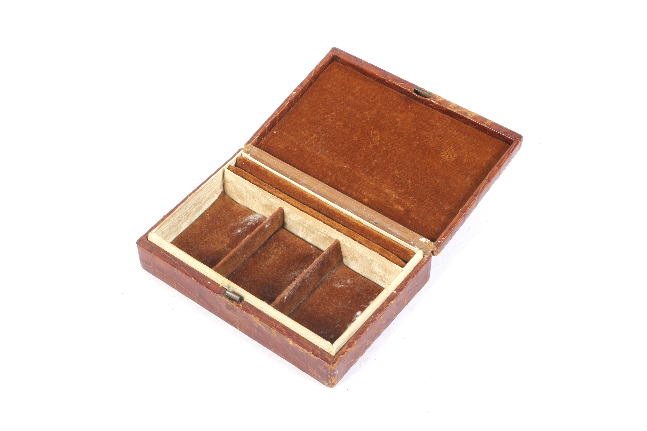 A 20th Century Crocodile skin jewellery box with hinged lid opening to reveal 3 sections within - Image 2 of 2