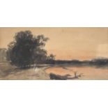 Late 19th Century School, Sunset Lake Landscape, watercolour on paper.