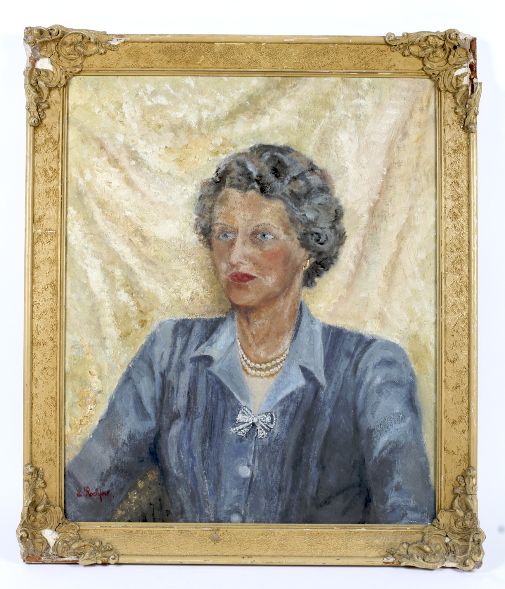 L Rochford (Mid-20th Century), portrait of a lady in a blue dress, oil on board. - Image 2 of 3