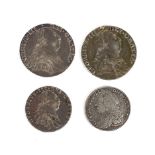 Four silver coins. Two 1787 shillings (one gilt and ex-mount) and two sixpences from 1757 and 1787.