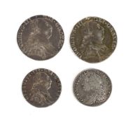 Four silver coins. Two 1787 shillings (one gilt and ex-mount) and two sixpences from 1757 and 1787.