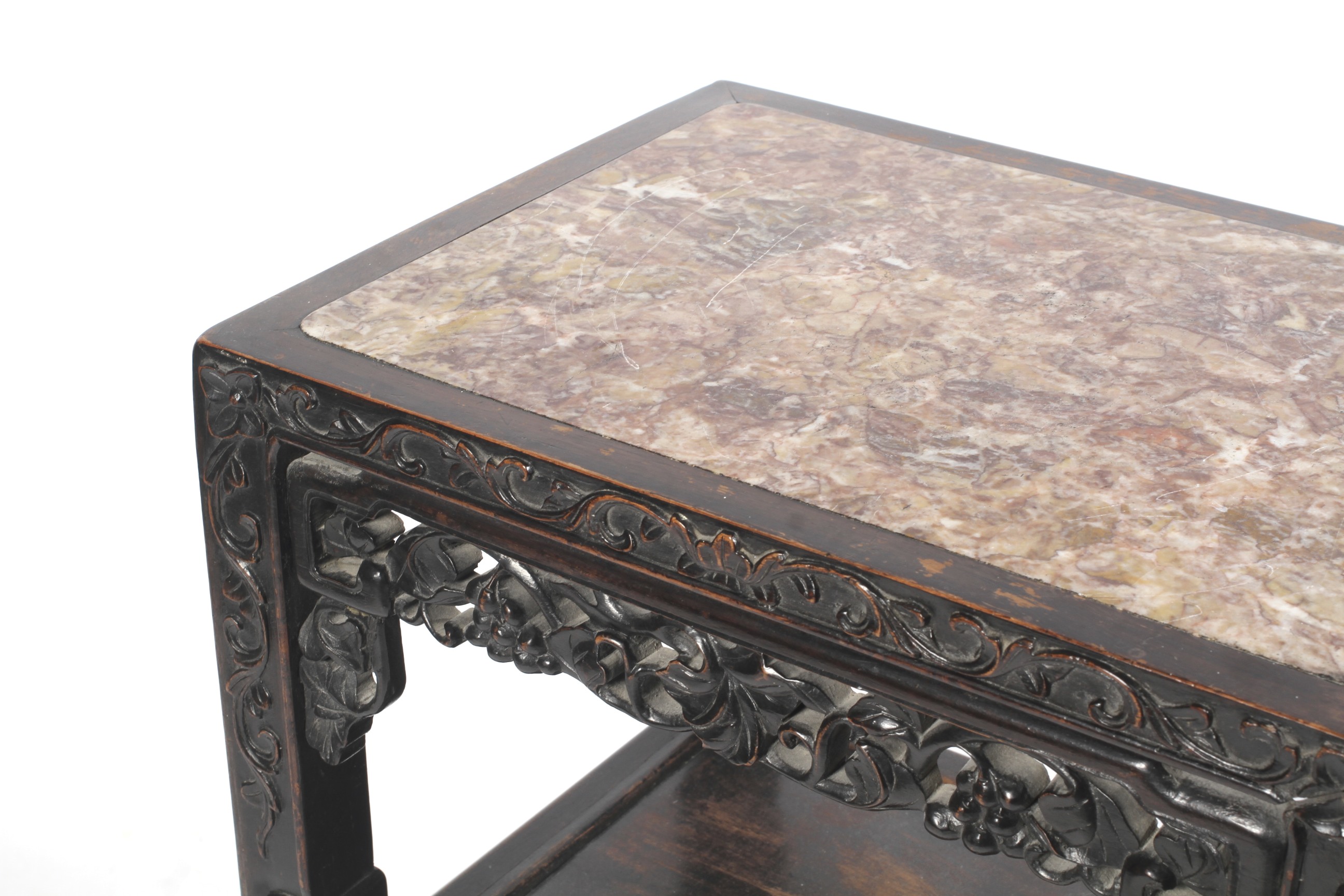 A 19th century Chinese hardwood Rouge marble topped two tiered side table, - Image 2 of 12