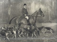 After Alfred G Haigh Monochrome Hunting Engraving Master Of Fox hounds on horseback,