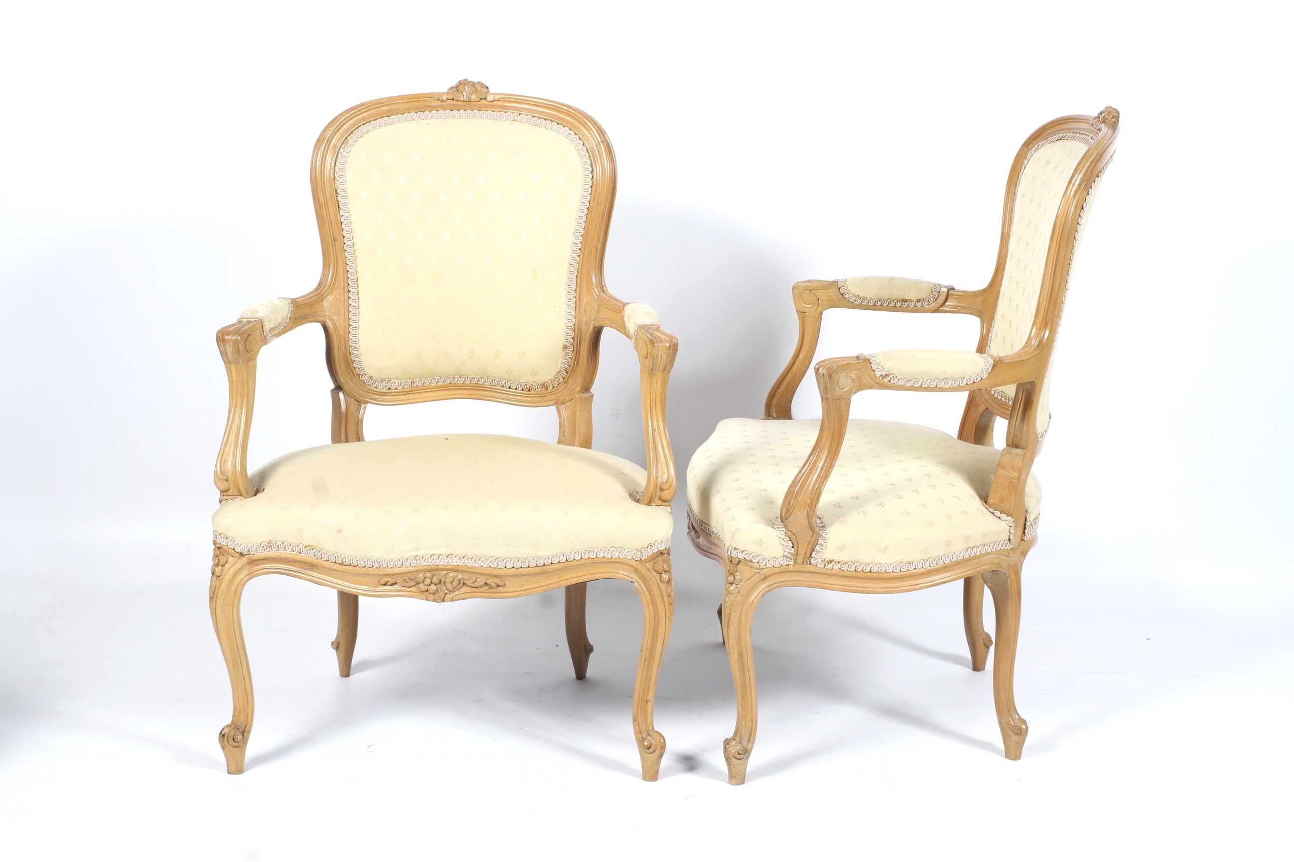 A pair of blonde beech fauteuils , open armchairs with sprung seats, upholstered arms, - Image 2 of 2