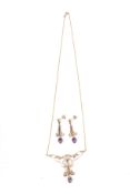 A modern 9ct gold, amethyst and half-cultured-pearl open necklace in Edwardian style.
