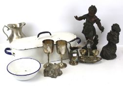 A group of mixed metalware. Including enamel bowl, enamel fish steamer and two goblets, etc. Max.