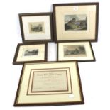 Four hand coloured engravings and a Somerset Mining Share certificate.