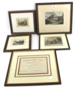 Four hand coloured engravings and a Somerset Mining Share certificate.