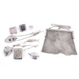 An early 20th century silver mesh evening bag, London 1916, 180g and other items,