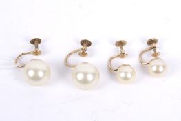 A pair of Chinese export 8.3mm diameter cultured-pearl earrings.