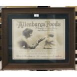 A vintage advertising poster for 'Allenburys' Foods', featuring a scene of a mother feeding a baby,