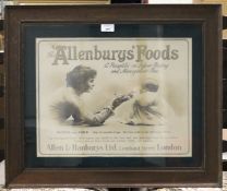 A vintage advertising poster for 'Allenburys' Foods', featuring a scene of a mother feeding a baby,